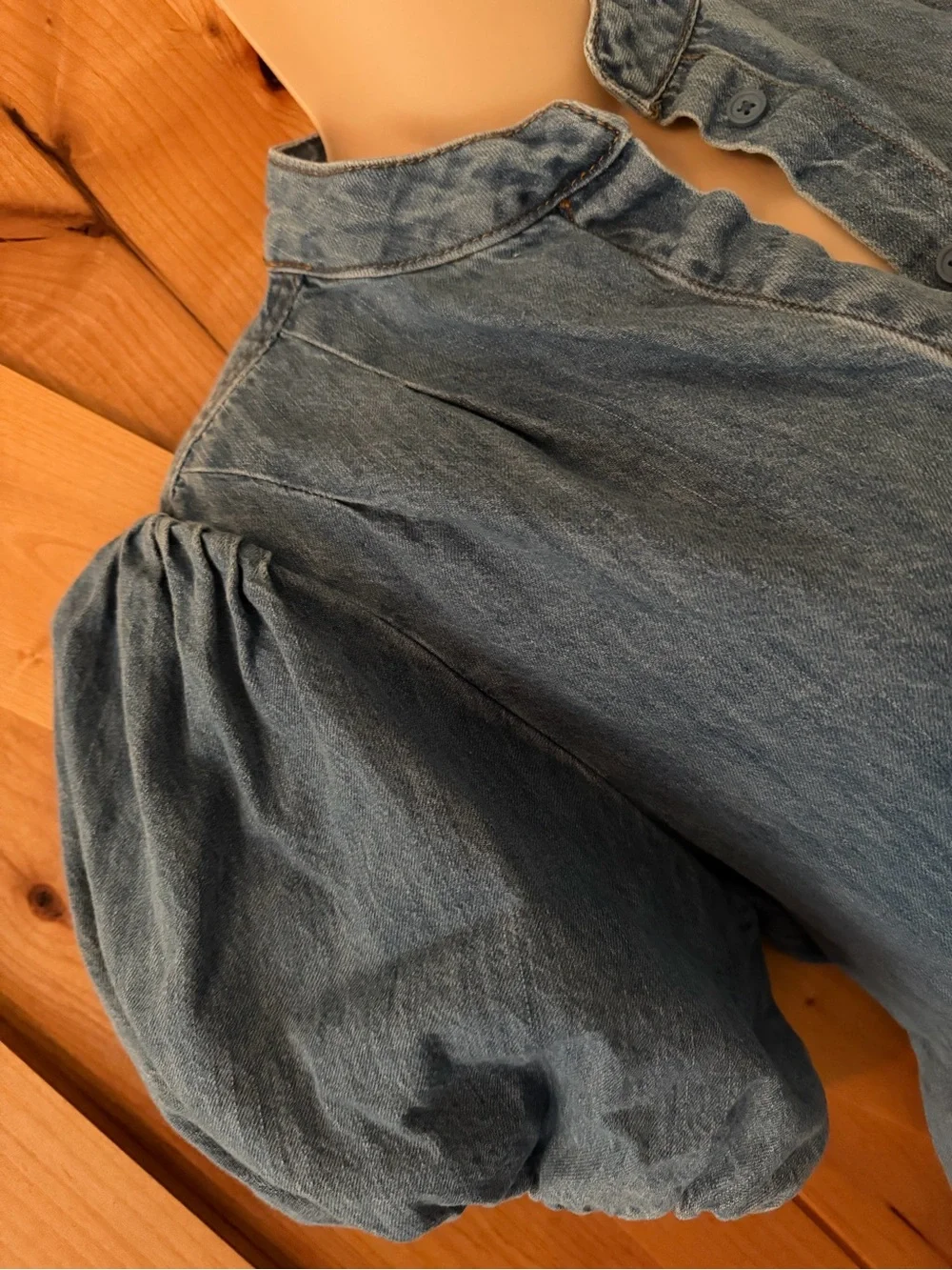 Denim Chambray Puff Sleeve Button Up Prairie Blouse Cottagecore Top - Picture 3 of 12